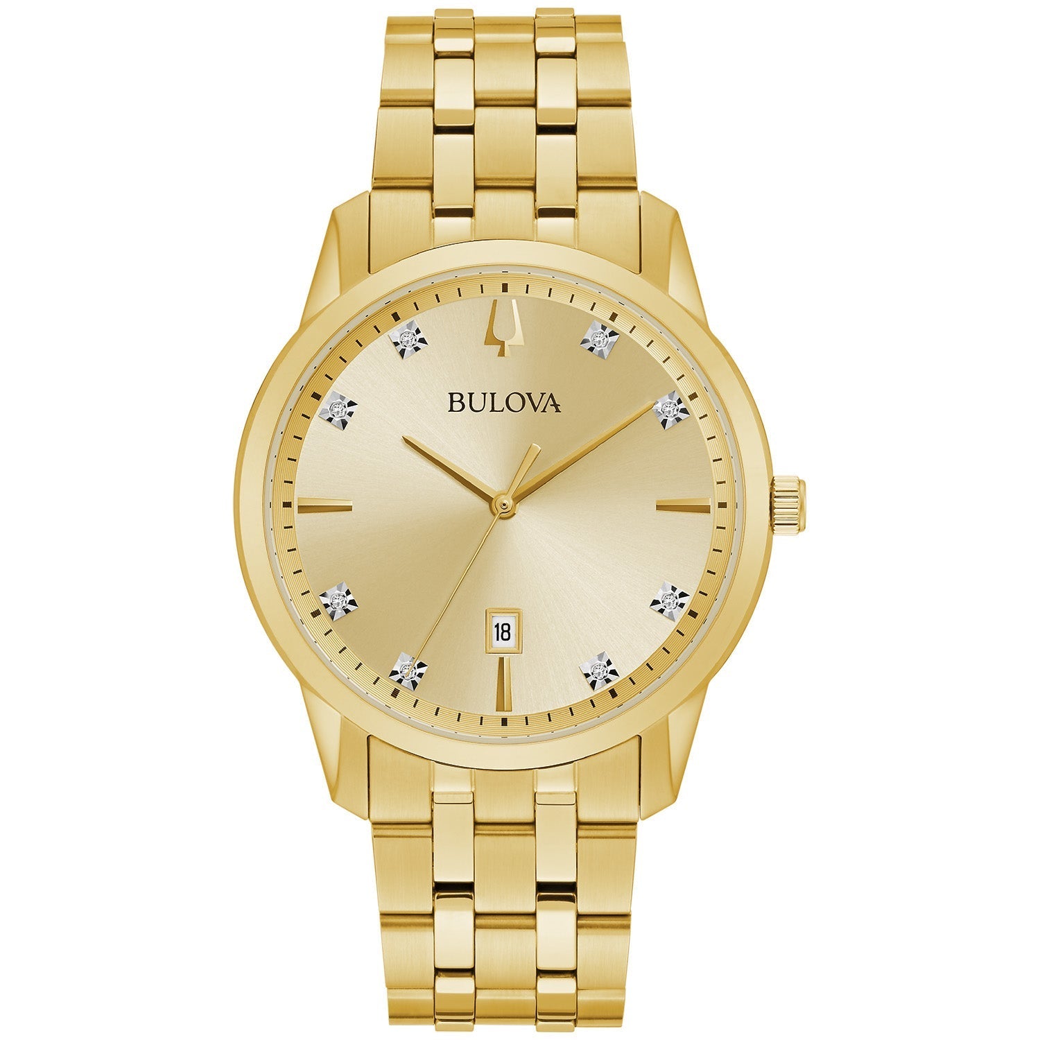 Bulova Sutton 97D123 men's watch featuring a gold-tone stainless steel case and bracelet, champagne dial with diamond hour markers, and date display at six o'clock—front view.