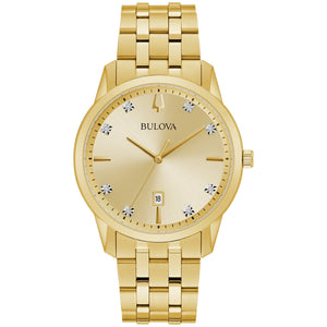Bulova Sutton 97D123 men's watch featuring a gold-tone stainless steel case and bracelet, champagne dial with diamond hour markers, and date display at six o'clock—front view.
