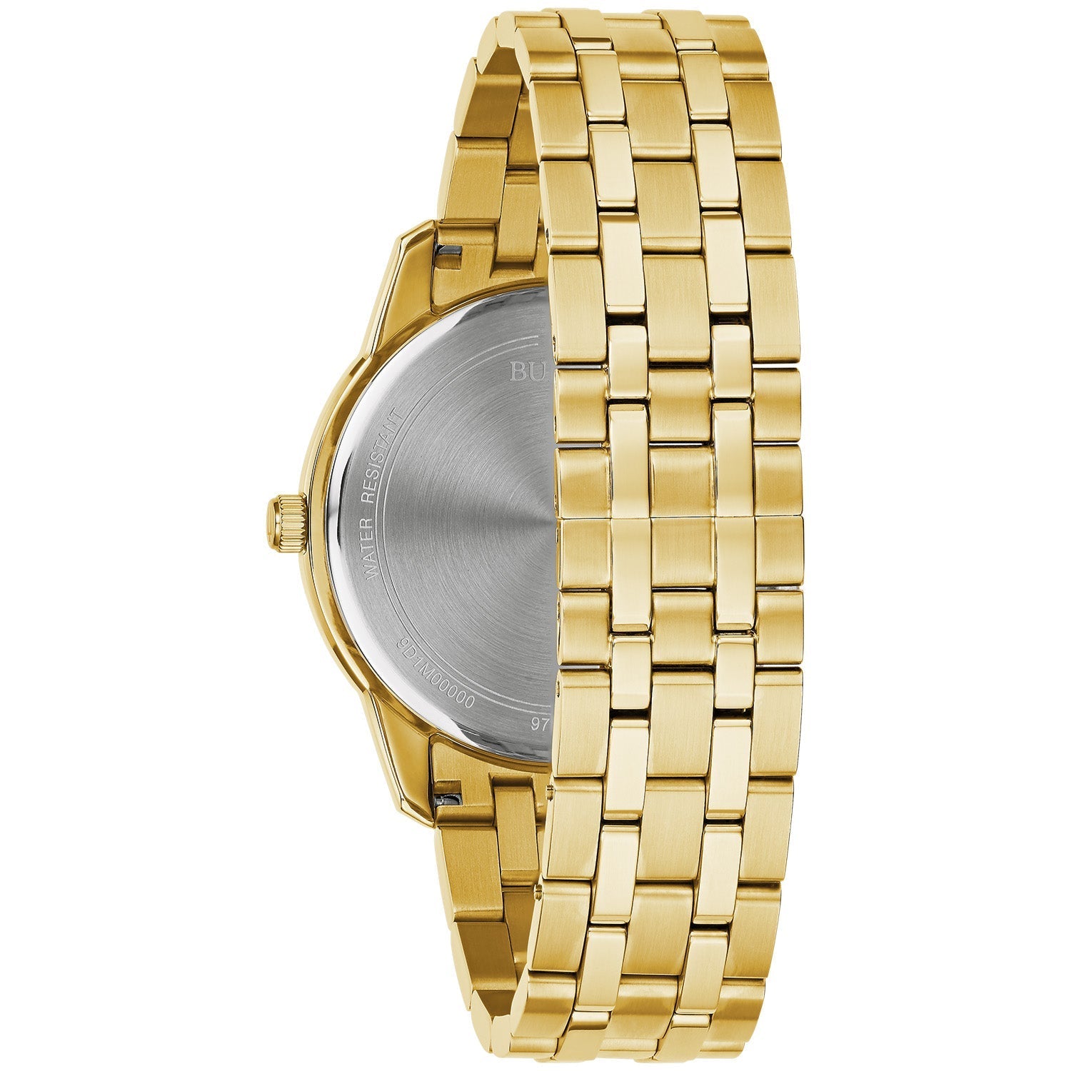 Back view of the Bulova Sutton 97D123, showcasing the stainless steel case back and bracelet.