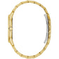 Side profile of the Bulova 97D123, highlighting the gold-tone stainless steel case and the sleek design of the bracelet.