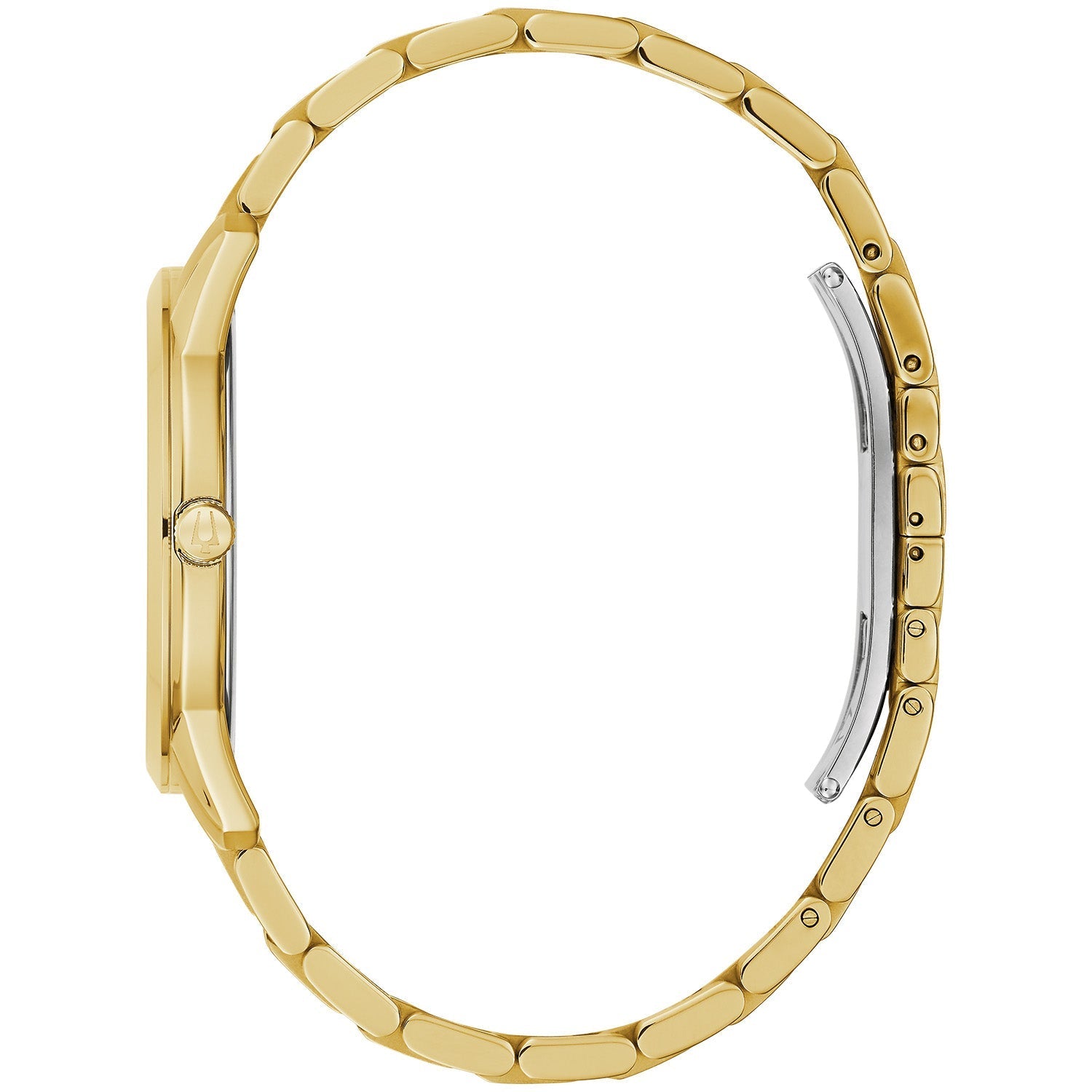 Side profile of the Bulova 97D123, highlighting the gold-tone stainless steel case and the sleek design of the bracelet.