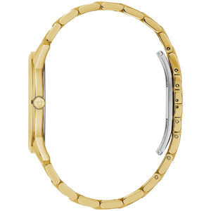 Side profile of the Bulova 97D123, highlighting the gold-tone stainless steel case and the sleek design of the bracelet.