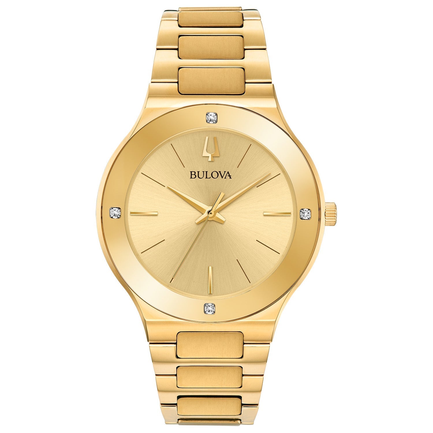 Bulova 97E100 men's gold-tone stainless steel watch with champagne dial and diamond accents—front view.