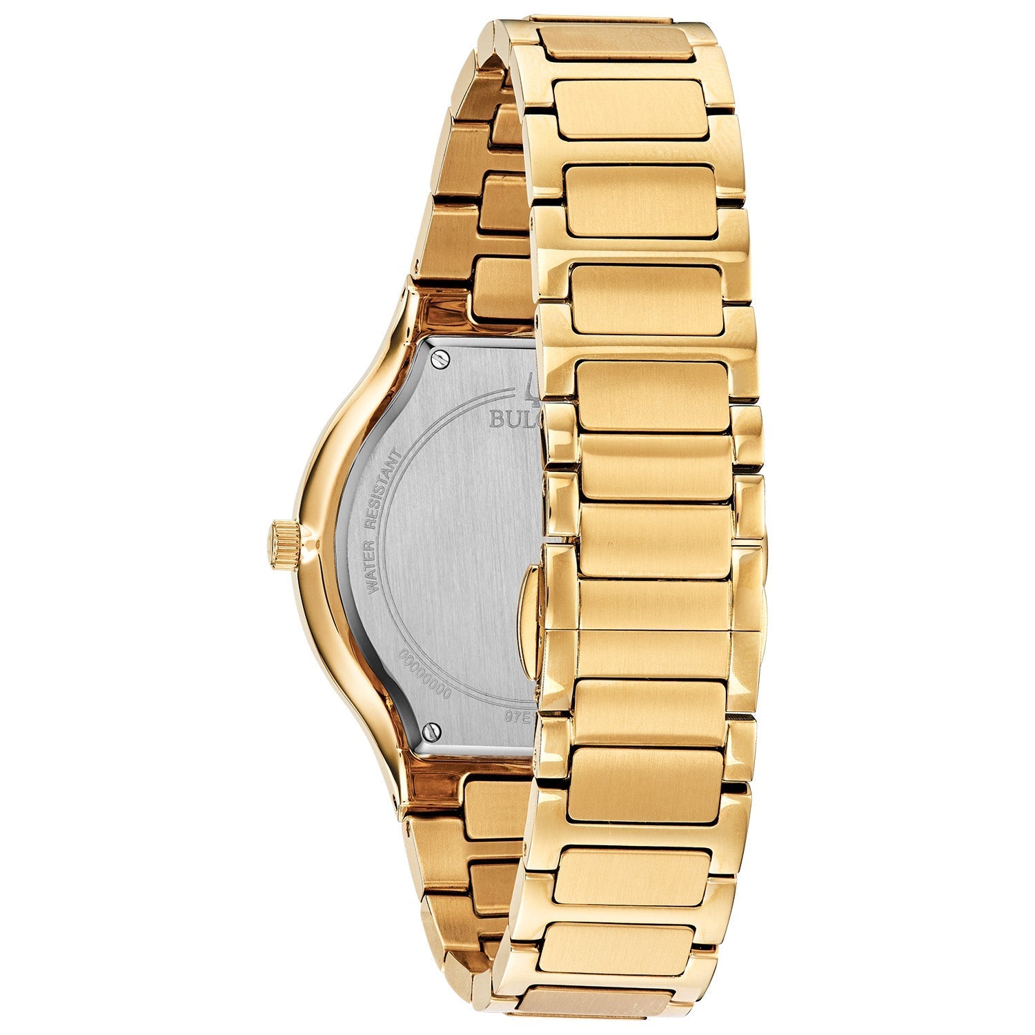 Back view of Bulova 97E100 highlighting the stainless steel case back design.