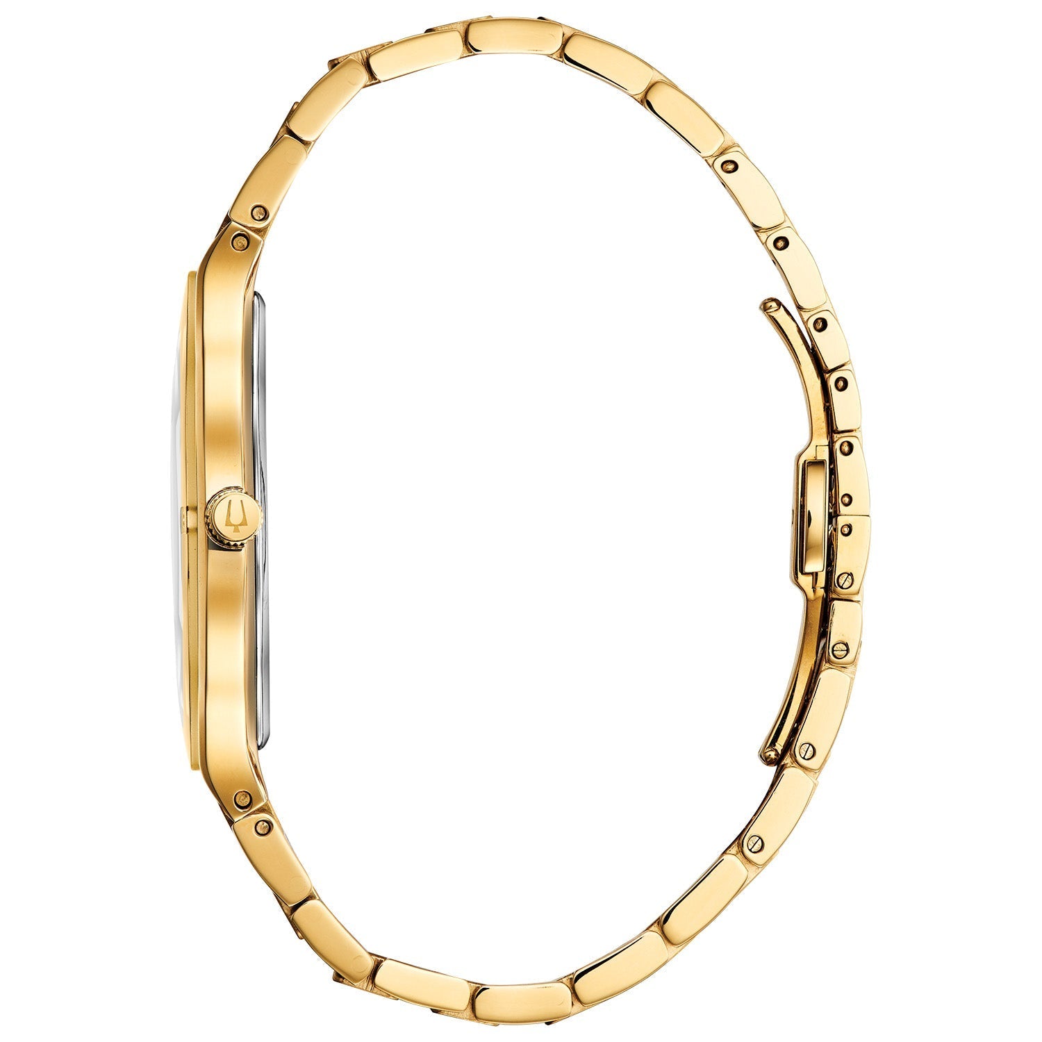  Side profile of Bulova 97E100 showcasing the gold-tone case and edge-to-edge domed crystal.