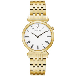 Front view of the Bulova Regatta 97L161 showcasing its gold-tone stainless steel case and white dial with Roman numerals.