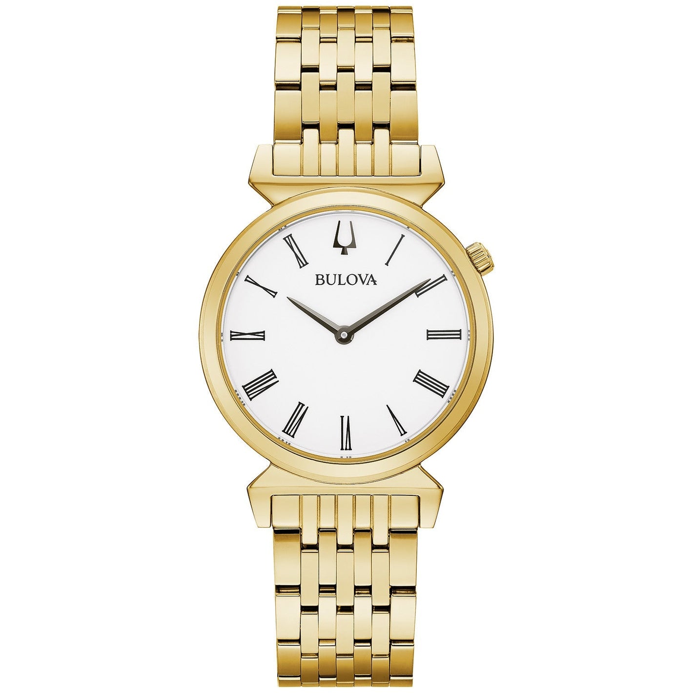 Front view of the Bulova Regatta 97L161 showcasing its gold-tone stainless steel case and white dial with Roman numerals.