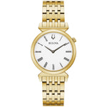 Front view of the Bulova Regatta 97L161 showcasing its gold-tone stainless steel case and white dial with Roman numerals.