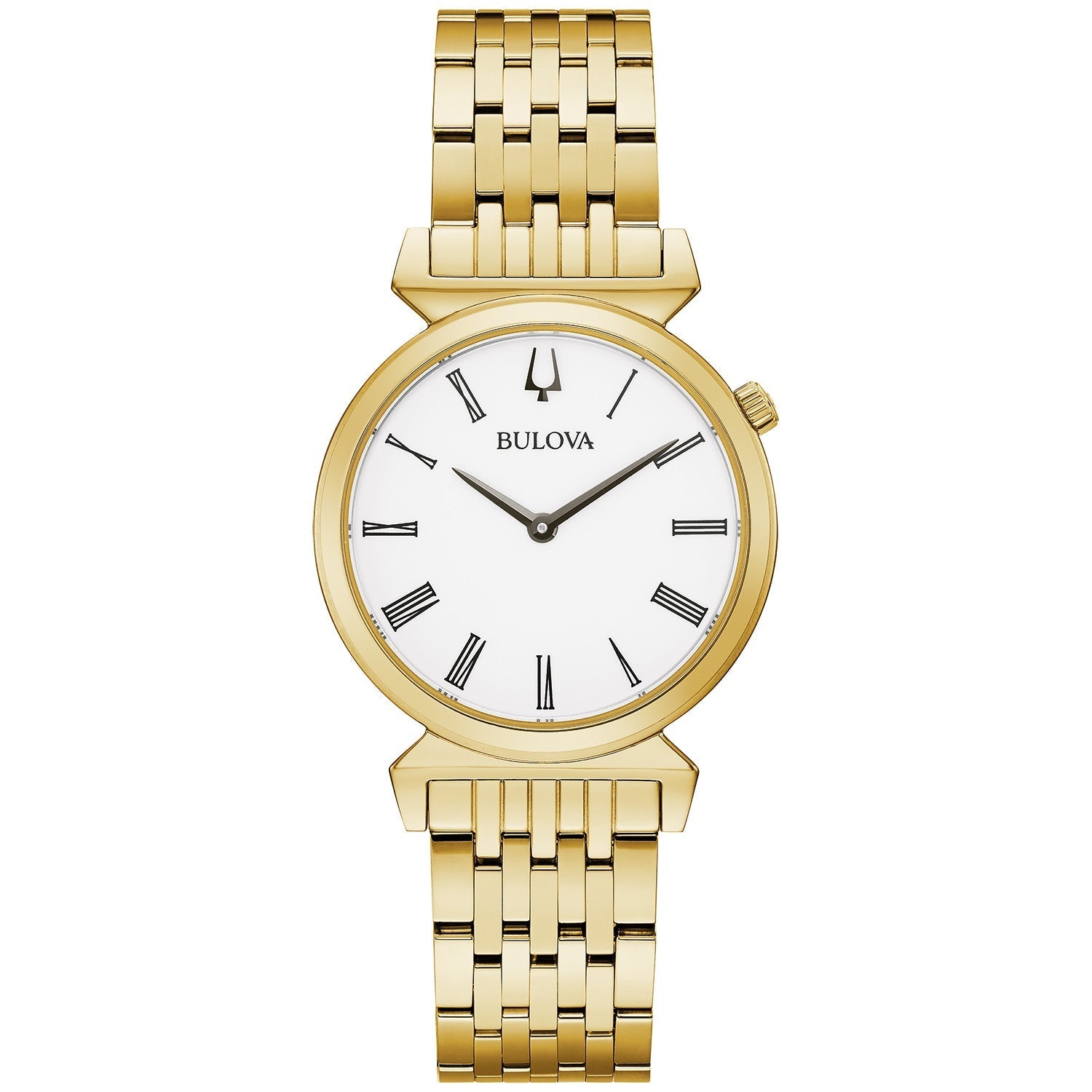 Front view of the Bulova Regatta 97L161 showcasing its gold-tone stainless steel case and white dial with Roman numerals.