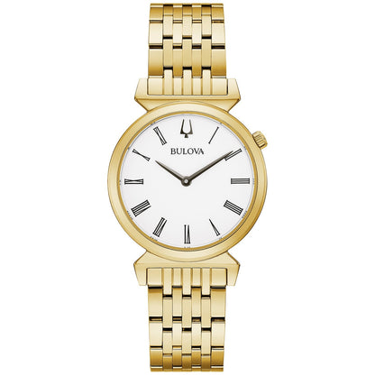 Front view of the Bulova Regatta 97L161 showcasing its gold-tone stainless steel case and white dial with Roman numerals.
