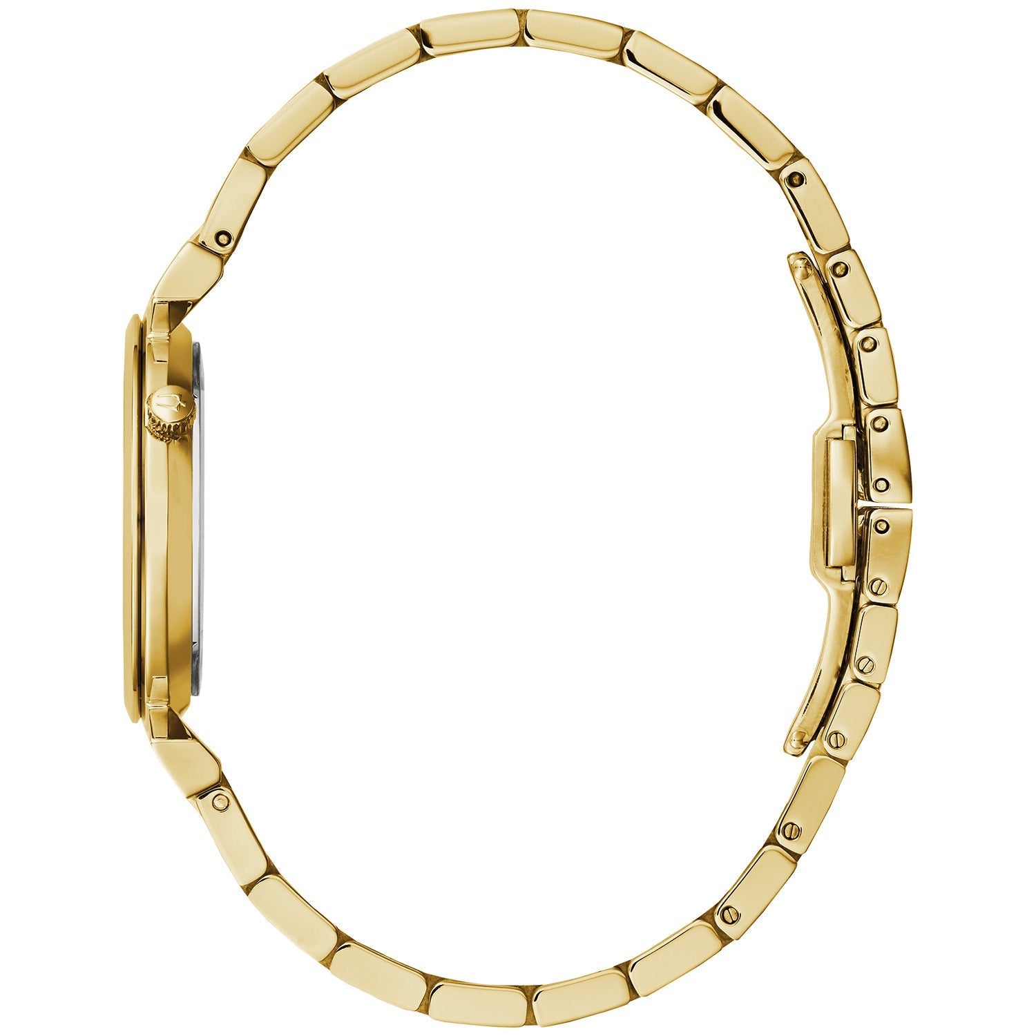  Side profile of the Bulova 97L161 highlighting the unique crown position at 2 o'clock and angled lugs.
