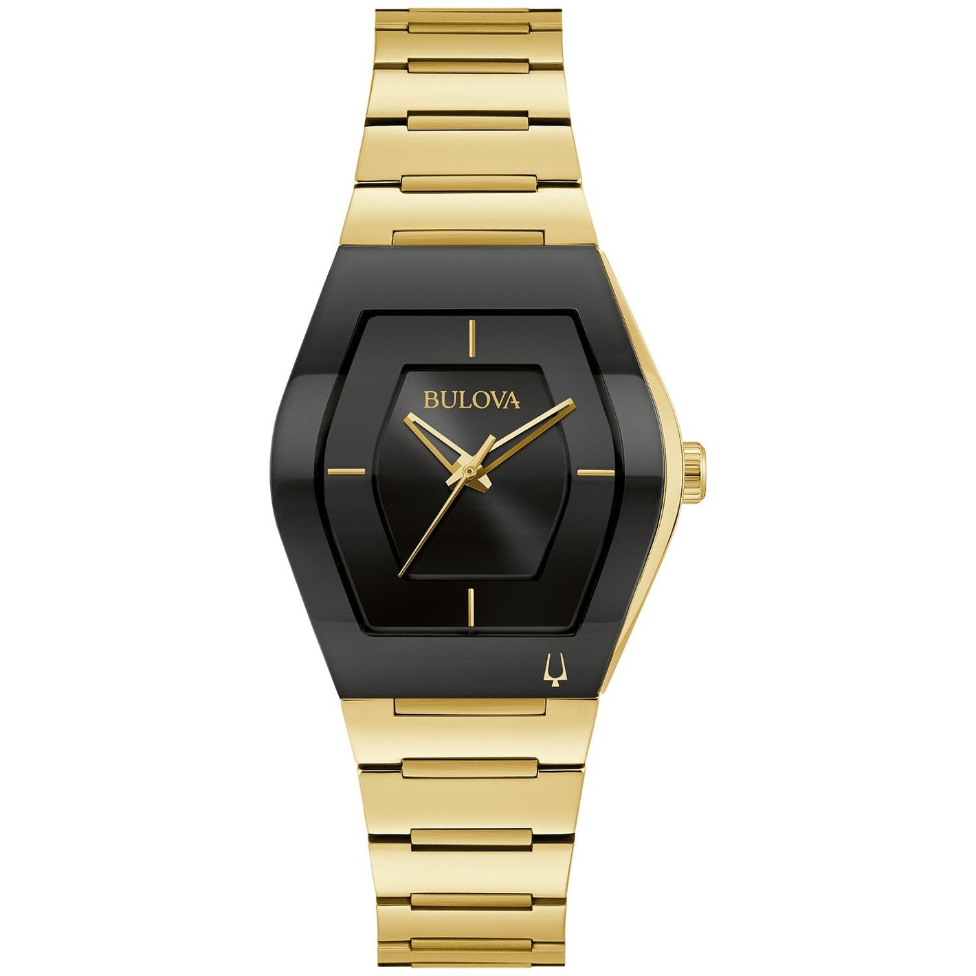 Bulova Gemini 97L164 women's watch featuring an asymmetrical gold-tone stainless steel tonneau case with a black dial—front view.