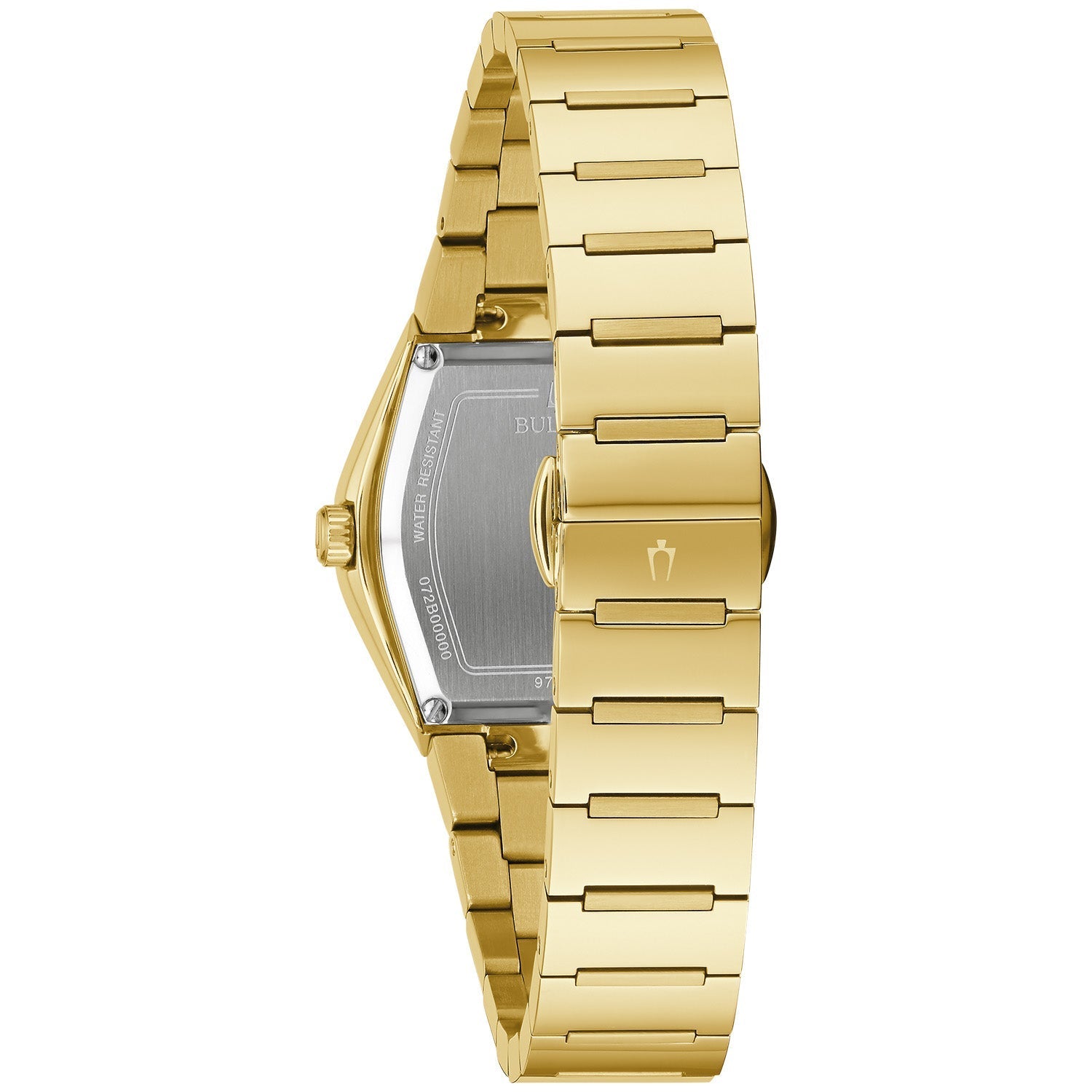  Rear view of the Bulova Gemini 97L164, highlighting the stainless steel case back and bracelet clasp.