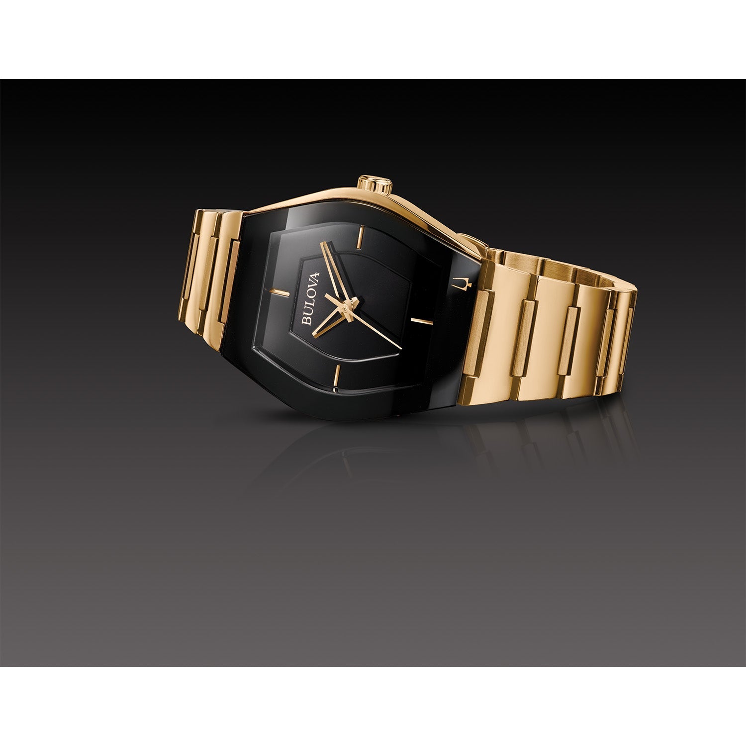 Bulova Gemini 97L164 women's watch featuring an asymmetrical gold-tone stainless steel tonneau case with a black dial—front view.​