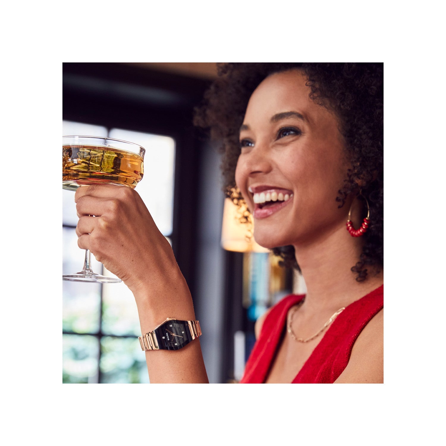 Model wearing the Bulova Gemini 97L164, demonstrating its elegant presence on the wrist.