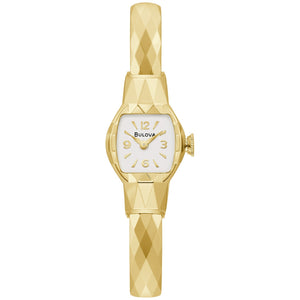 Bulova American Girl 'K' 97L170 women's watch featuring a faceted gold-tone stainless steel case, white dial, and matching faceted bangle bracelet—front view.