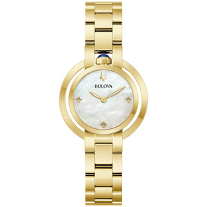 Bulova Rubaiyat 97L181 Women's Watch featuring a 30.5mm gold-tone stainless steel case with white mother-of-pearl dial—front view.