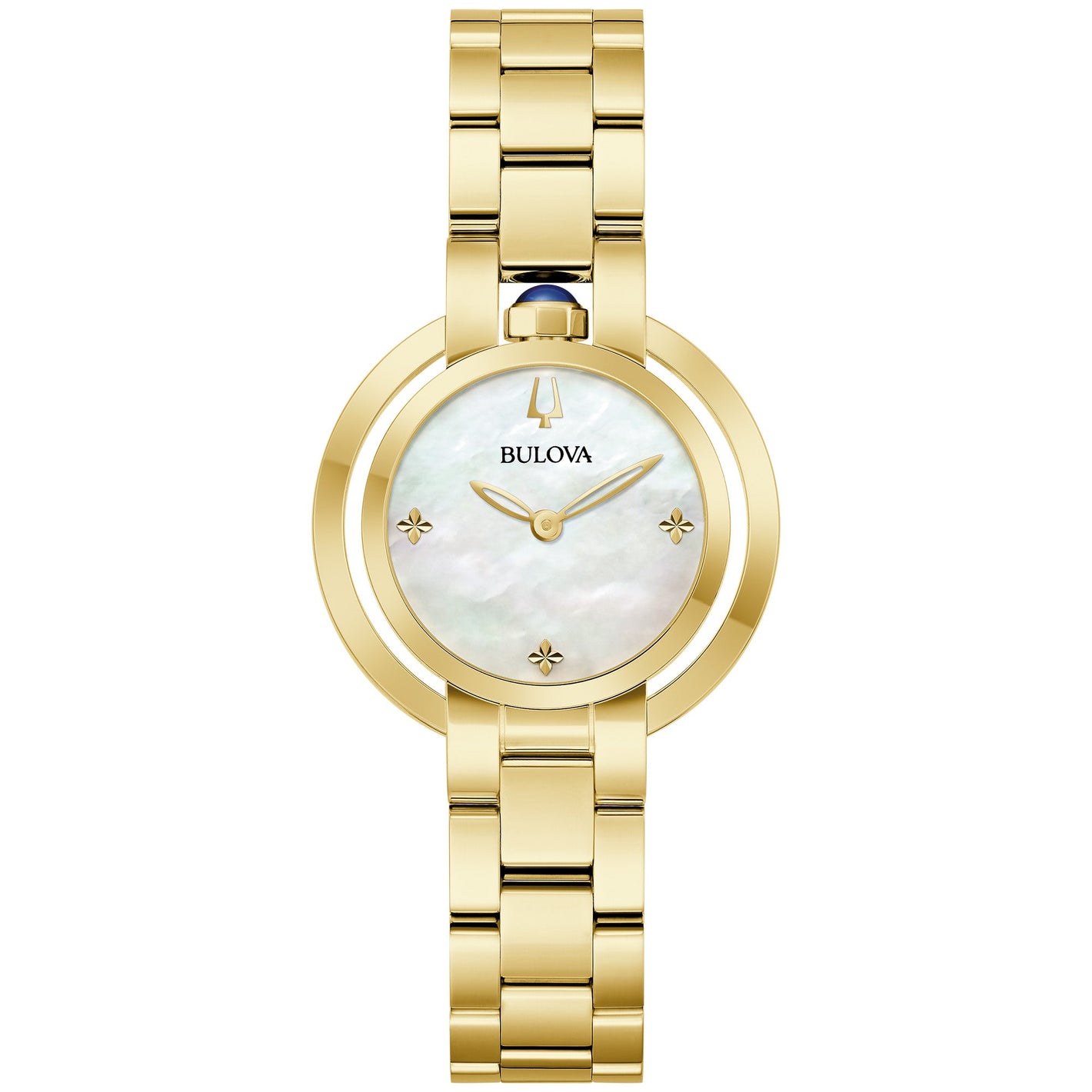 Bulova Rubaiyat 97L181 Women's Watch featuring a 30.5mm gold-tone stainless steel case with white mother-of-pearl dial—front view.