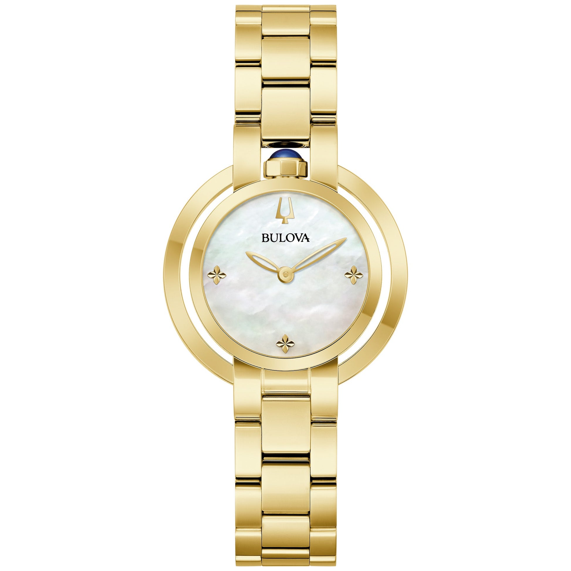 Bulova Rubaiyat 97L181 Women's Watch featuring a 30.5mm gold-tone stainless steel case with white mother-of-pearl dial—front view.