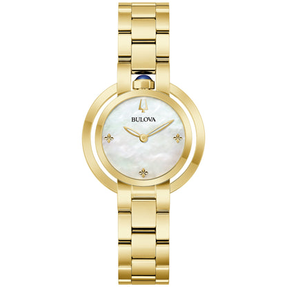 Bulova Rubaiyat 97L181 Women's Watch featuring a 30.5mm gold-tone stainless steel case with white mother-of-pearl dial—front view.