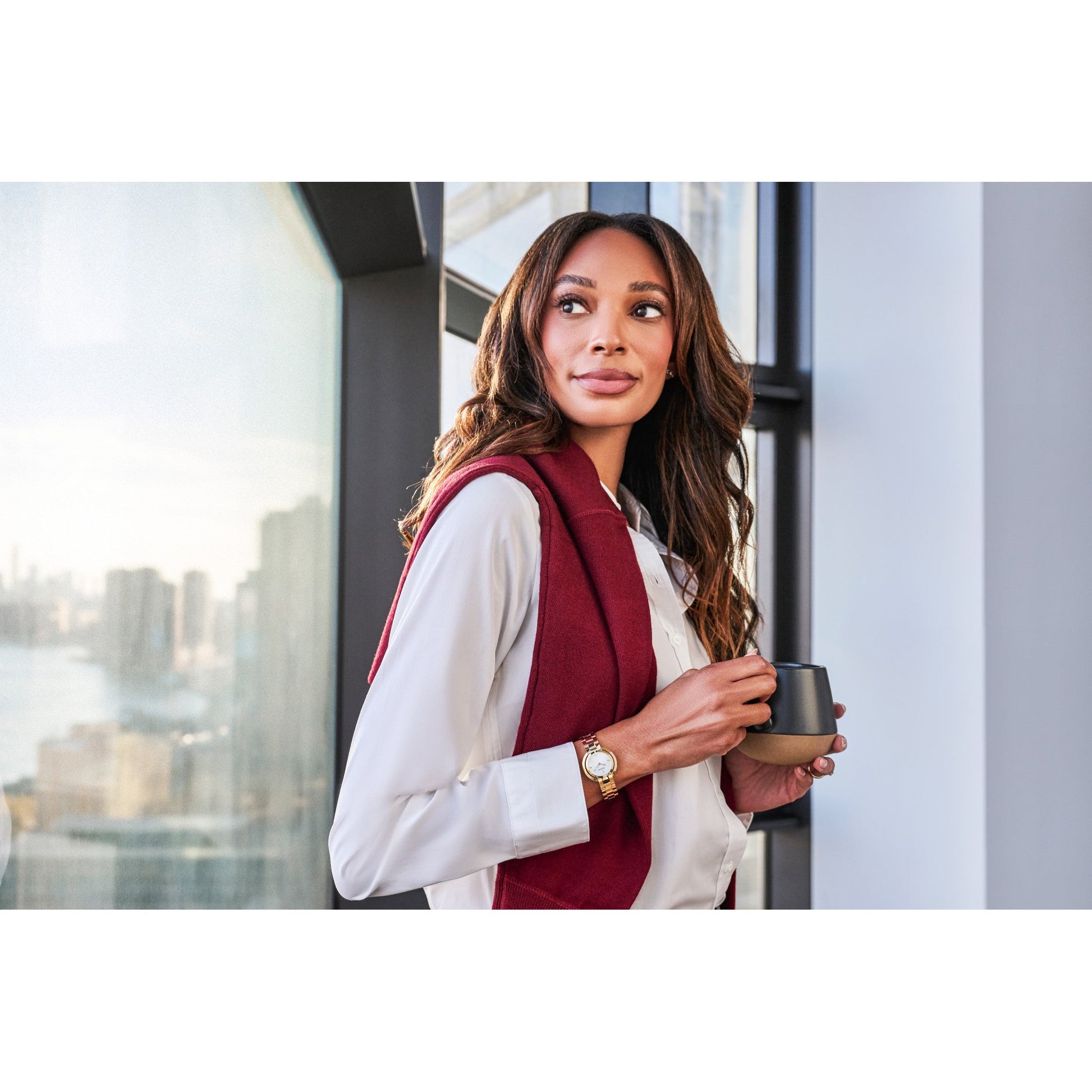 Model wearing the Bulova Rubaiyat 97L181 Women's Watch, demonstrating its elegant appearance on the wrist.