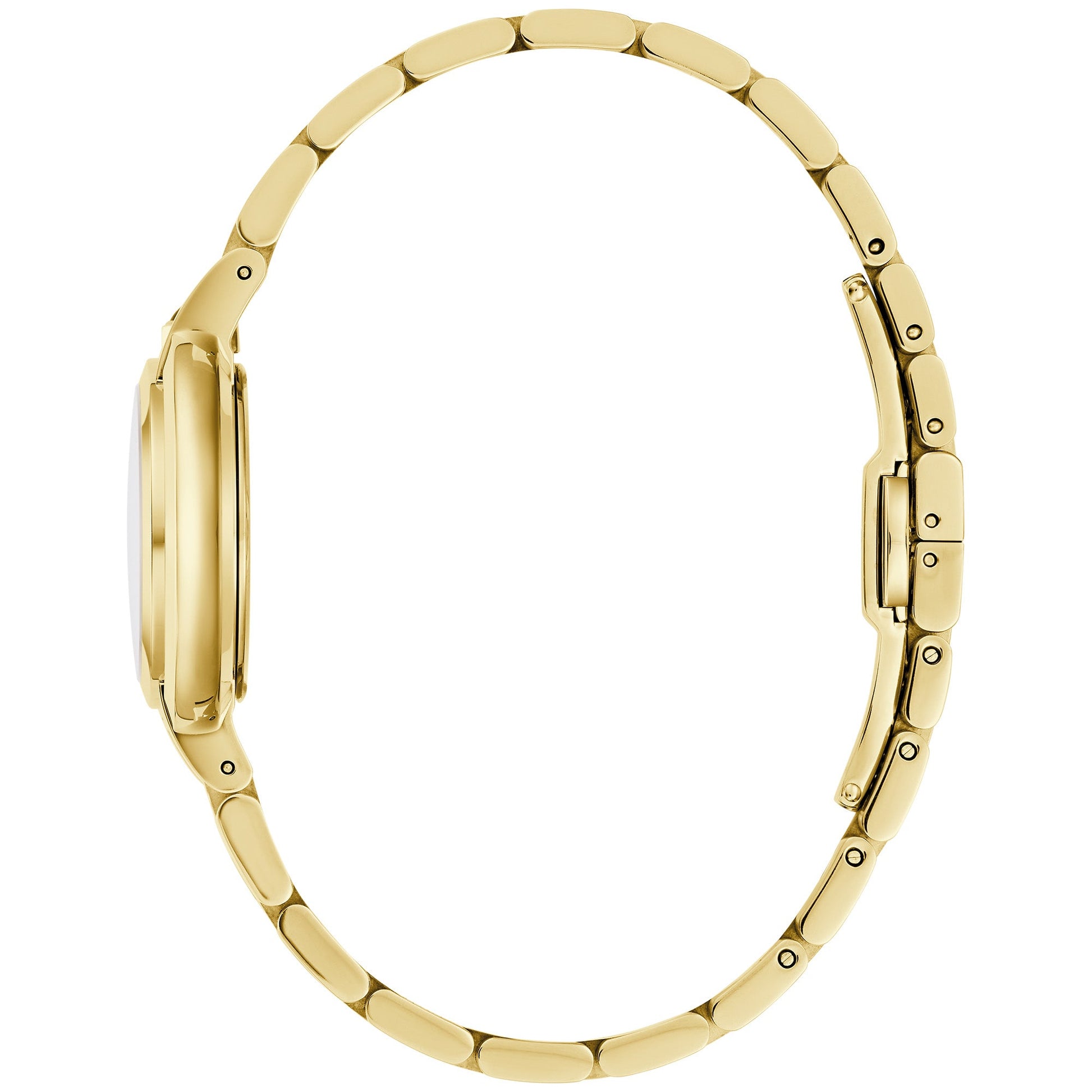 Side profile of the Bulova 97L181 showcasing the gold-tone stainless steel case and bracelet.