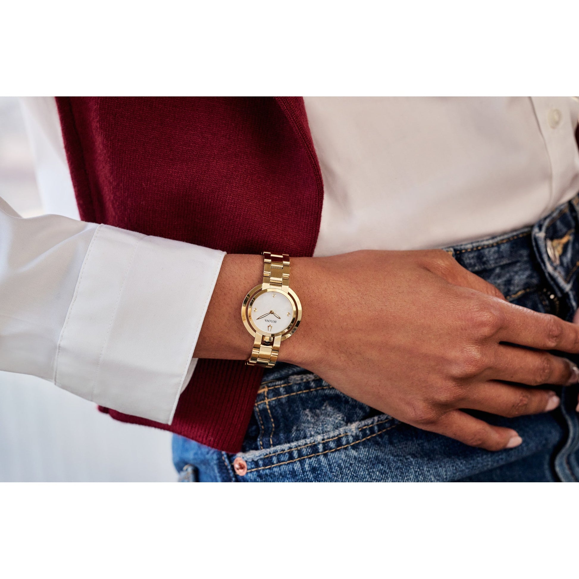 Model wearing the Bulova Rubaiyat 97L181 Women's Watch, demonstrating its elegant appearance on the wrist.