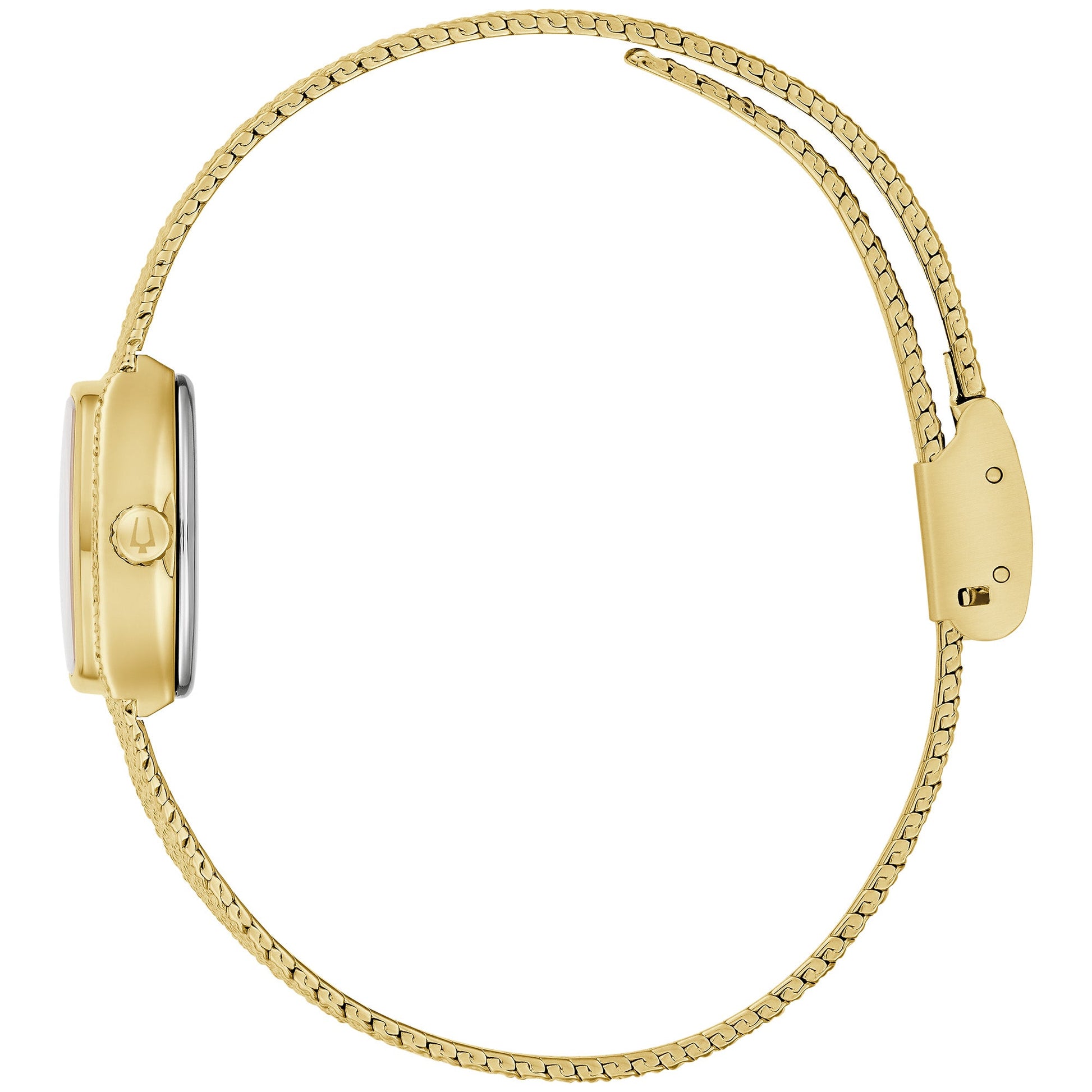 Side profile of Bulova 97L184 showing the slim gold-tone case and textured mesh bracelet.