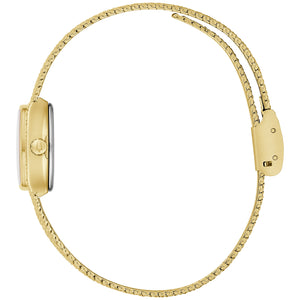 Side profile of Bulova 97L184 showing the slim gold-tone case and textured mesh bracelet.