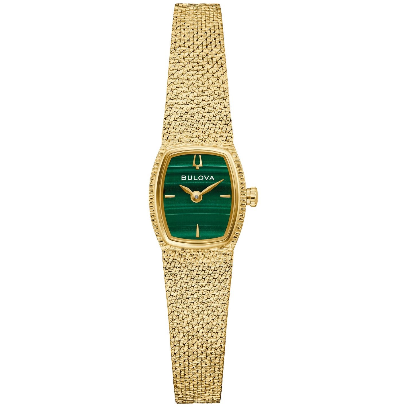 Bulova 97L184 women’s watch front view with green malachite dial, gold-tone applied markers and hands in a gold-tone tonneau case.