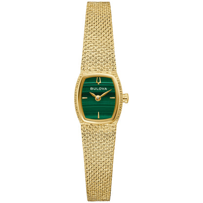 Bulova 97L184 women’s watch front view with green malachite dial, gold-tone applied markers and hands in a gold-tone tonneau case.