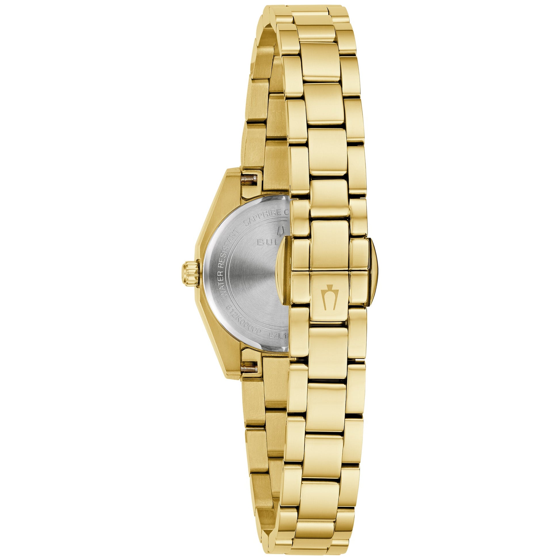 Back view of Bulova 97L187 showing polished case back and integrated bracelet with deployant clasp.