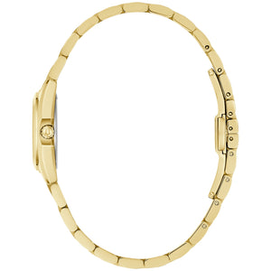 Side profile of Bulova 97L187 showing slender gold-tone stainless steel case and polished bracelet links.