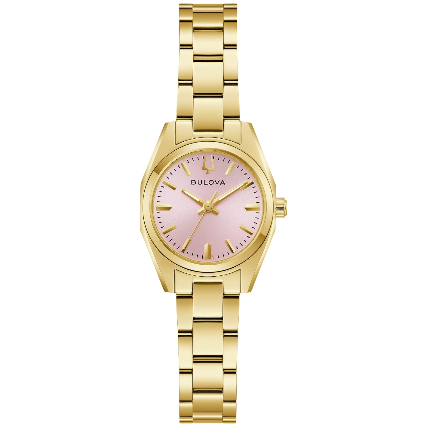 Bulova 97L187 front view with pink sunburst dial, gold-tone hands and markers, in a 23 mm gold-tone stainless steel case.