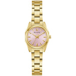 Bulova 97L187 front view with pink sunburst dial, gold-tone hands and markers, in a 23 mm gold-tone stainless steel case.