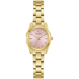 Bulova 97L187 front view with pink sunburst dial, gold-tone hands and markers, in a 23 mm gold-tone stainless steel case.