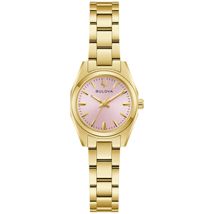 Bulova 97L187 front view with pink sunburst dial, gold-tone hands and markers, in a 23 mm gold-tone stainless steel case.