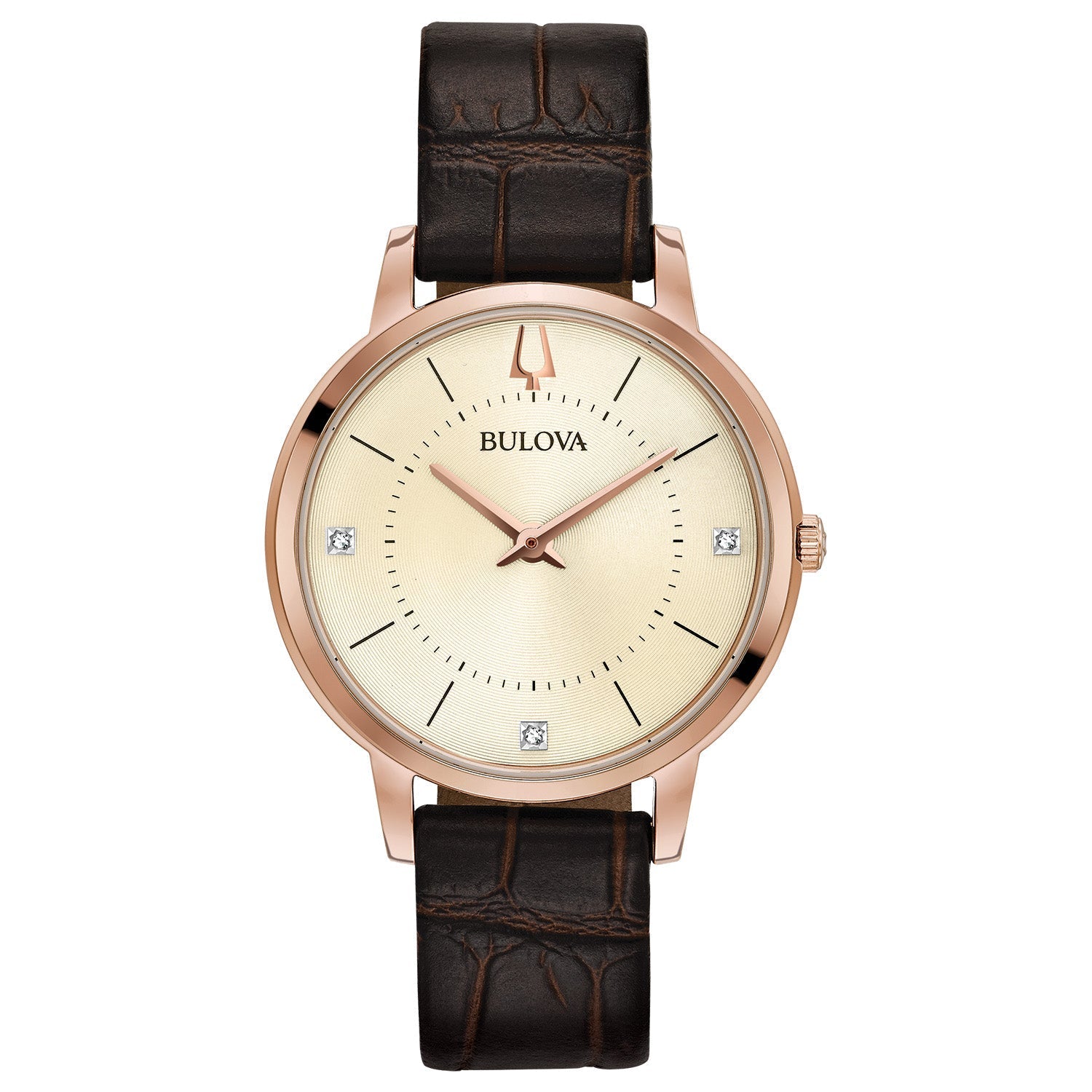 Bulova 97P122 women's watch featuring a 36mm rose gold-tone stainless steel case, light champagne dial with diamond accents, and a brown leather strap—front view.