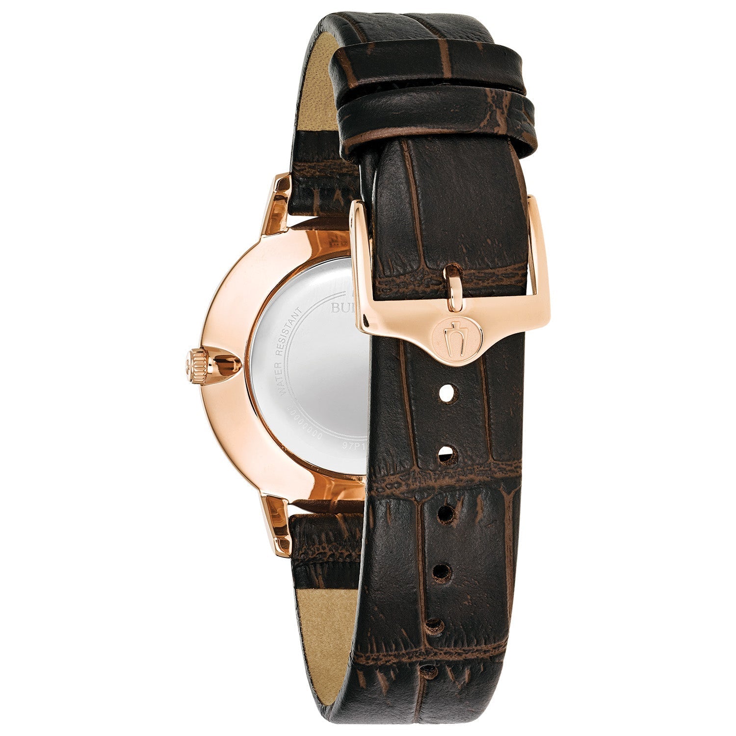 Rear view of the Bulova 97P122, showcasing the stainless steel case back and strap buckle closure.
