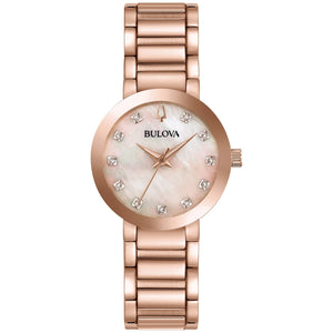 Bulova 97P132 women's watch featuring a rose gold-tone stainless steel case with a rose gold mother-of-pearl dial and diamond hour markers.