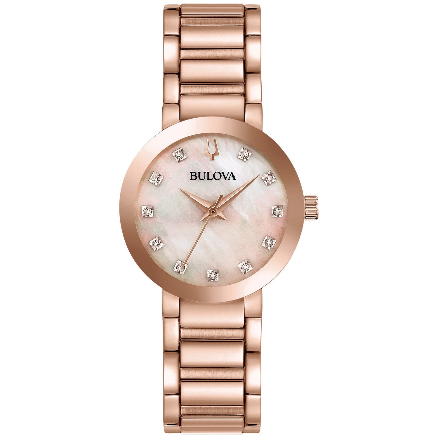 Bulova 97P132 women's watch featuring a rose gold-tone stainless steel case with a rose gold mother-of-pearl dial and diamond hour markers.