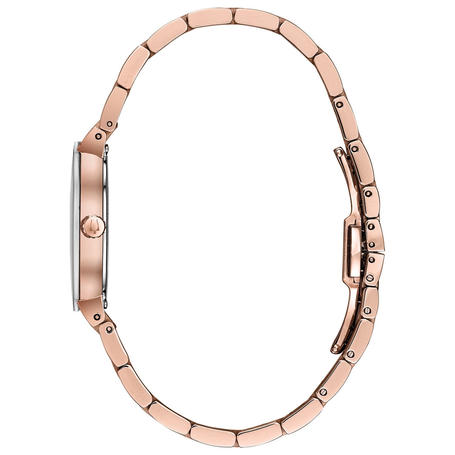 Profile view of the Bulova 97P132, highlighting the sleek rose gold-tone case and bracelet design.