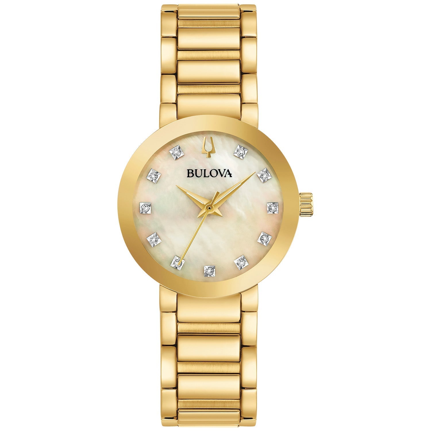 Bulova 97P133 women's watch featuring a 30mm gold-tone stainless steel case, mother-of-pearl dial with diamond hour markers, and a gold-tone stainless steel bracelet—front view.