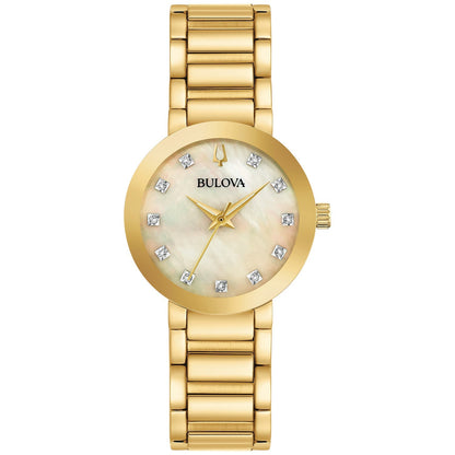 Bulova 97P133 women's watch featuring a 30mm gold-tone stainless steel case, mother-of-pearl dial with diamond hour markers, and a gold-tone stainless steel bracelet—front view.