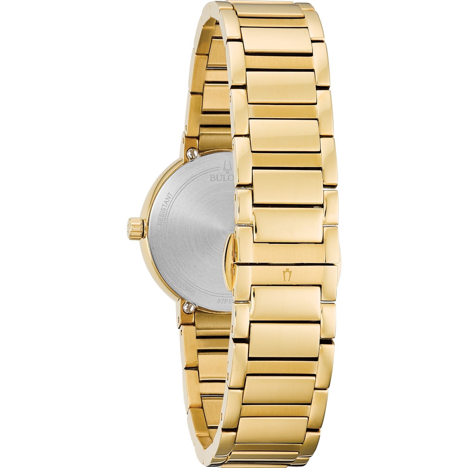 Rear view of the Bulova 97P133, showcasing the stainless steel case back and fold-over clasp with push-button release on the bracelet.