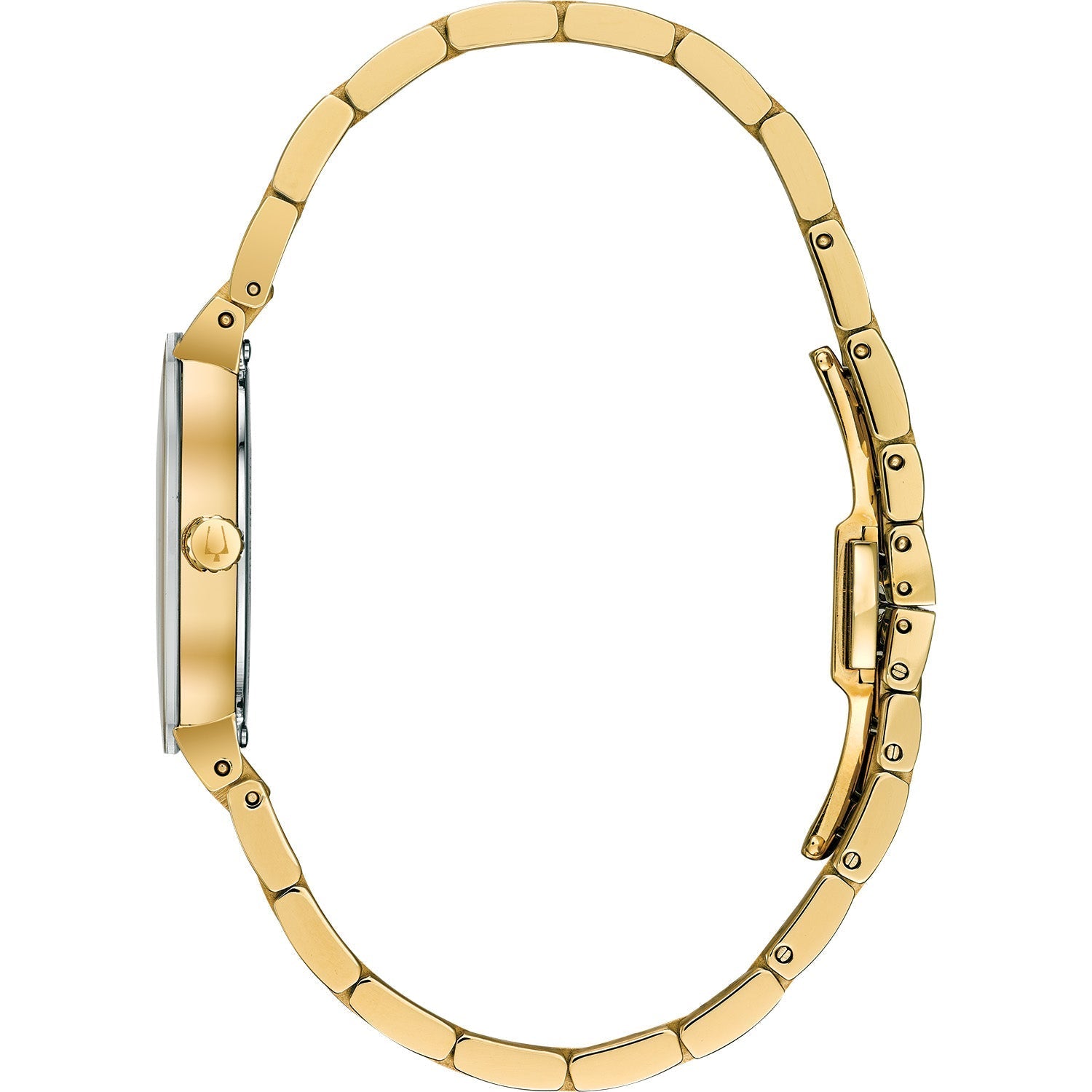 Profile view of the Bulova 97P133, highlighting its domed mineral crystal and sleek gold-tone bracelet design.