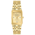 Bulova Quadra 97P140 women's watch featuring a gold-tone stainless steel rectangular case with a champagne dial and diamond accents—front view.