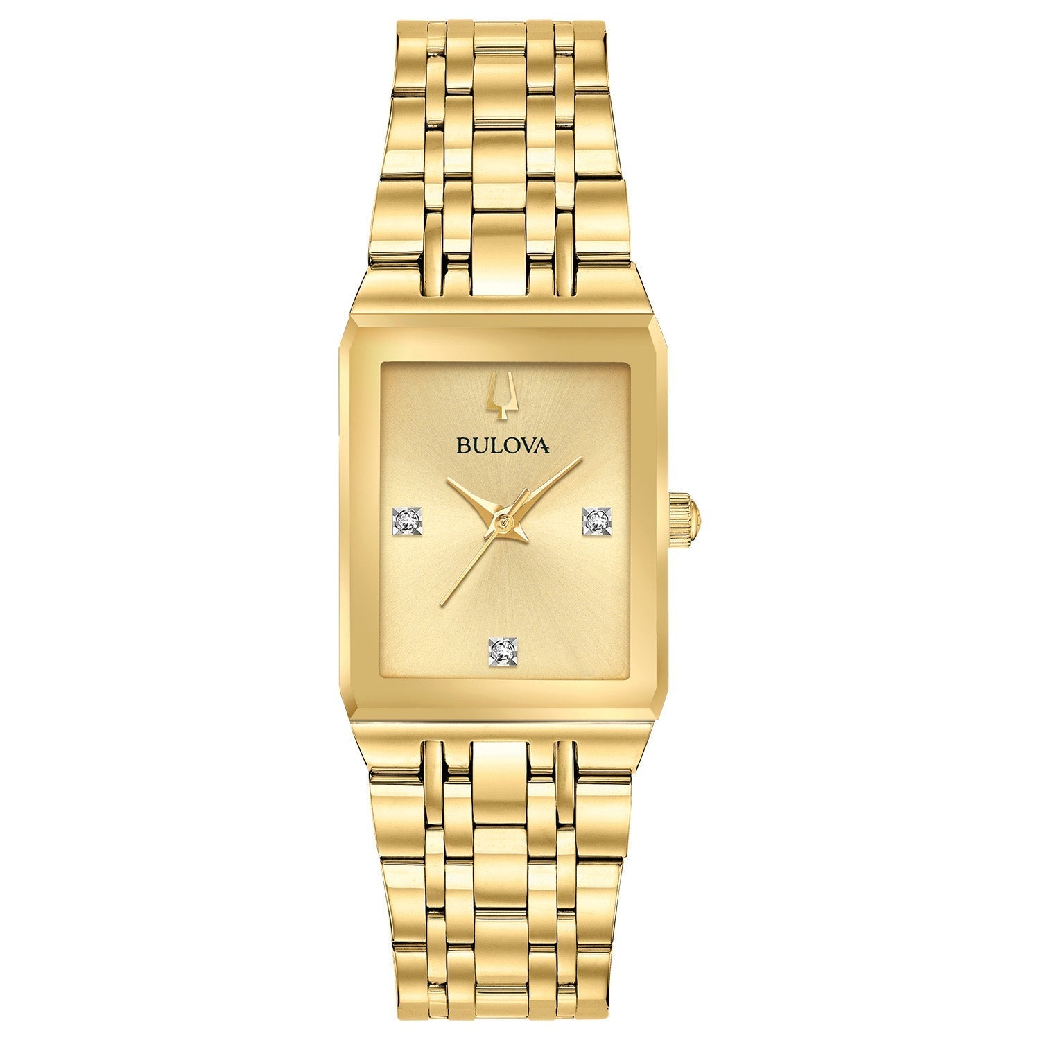 Bulova Quadra 97P140 women's watch featuring a gold-tone stainless steel rectangular case with a champagne dial and diamond accents—front view.