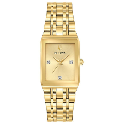 Bulova Quadra 97P140 women's watch featuring a gold-tone stainless steel rectangular case with a champagne dial and diamond accents—front view.