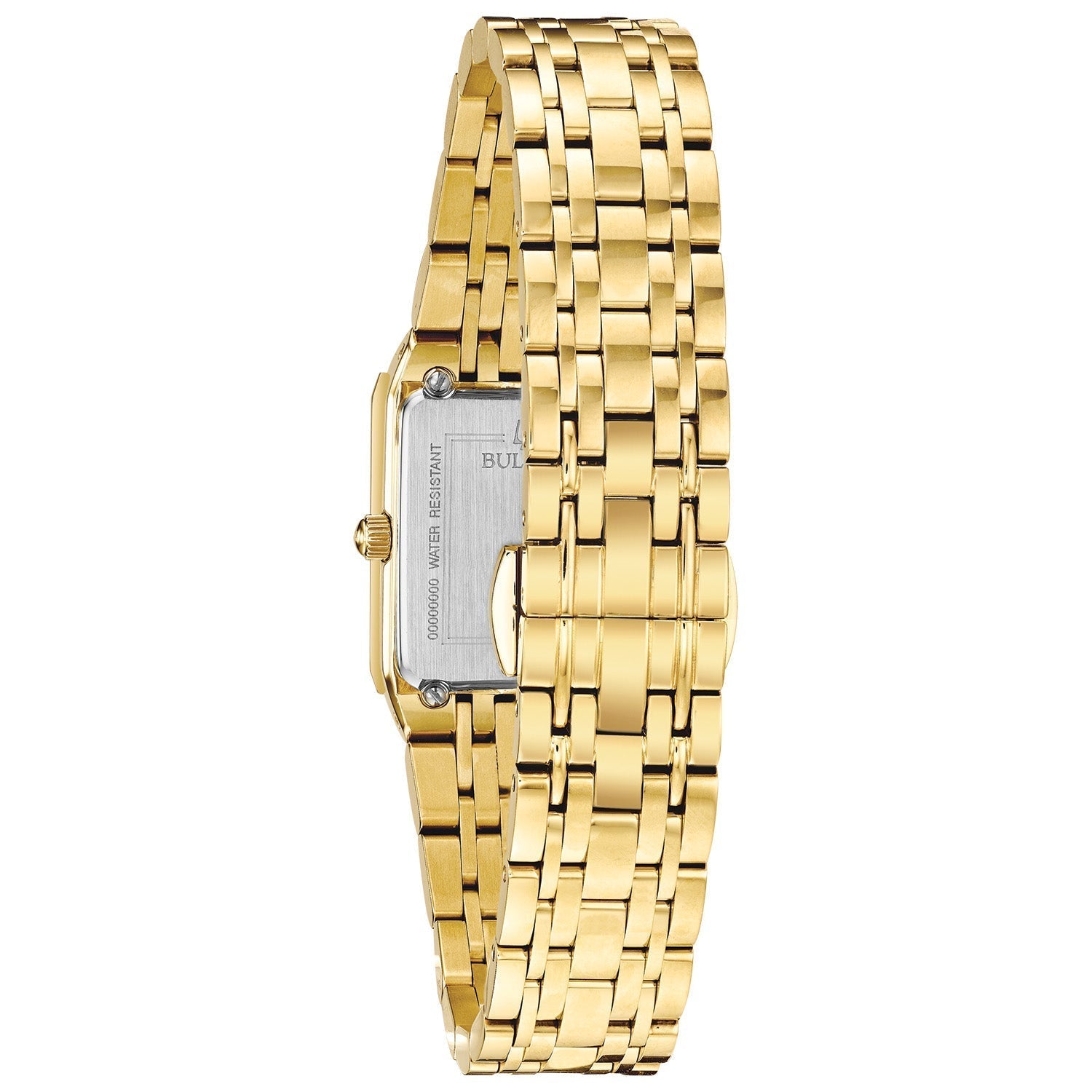 Rear view of the Bulova Quadra 97P140, showcasing the stainless steel case back and bracelet clasp
